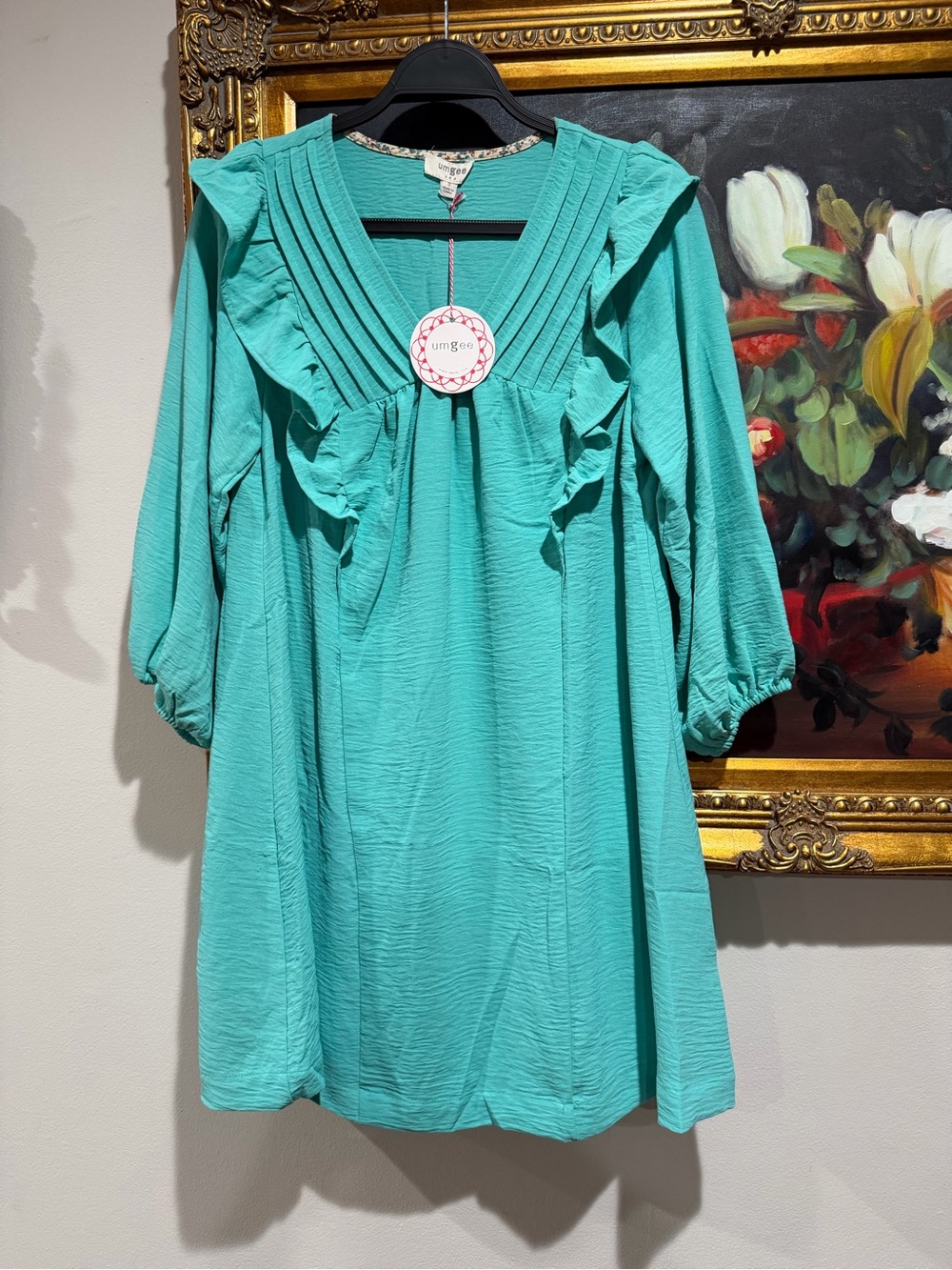 Umgee Teal Ruffle V-Neck Long Sleeve Dress